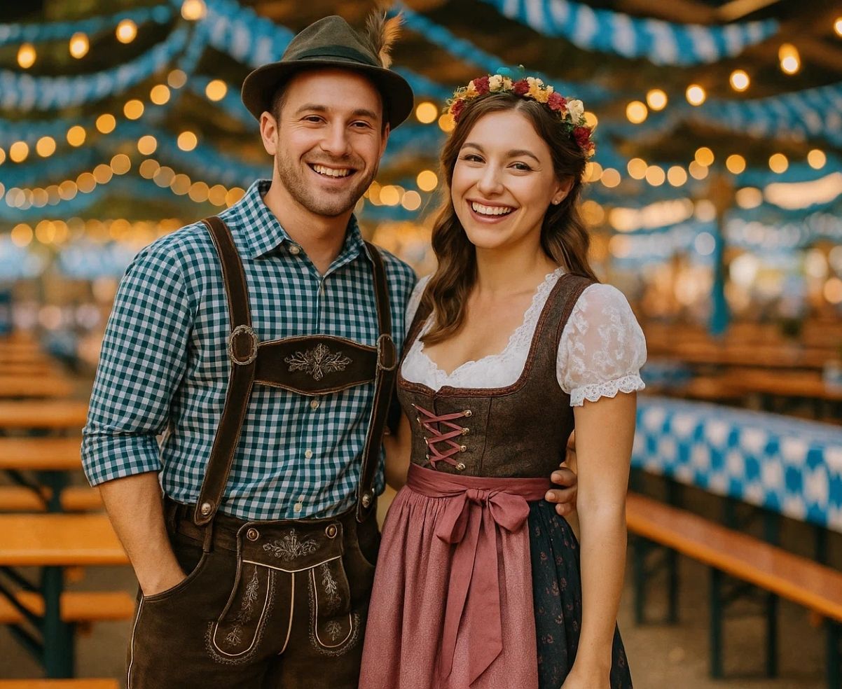 Smiling couple at Oktoberfest in full traditional outfits — man in embroidered lederhosen, woman in dirndl with tied apron.