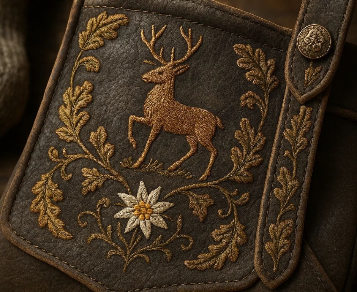 Close-up detail of brown leather lederhosen showing embroidered deer, oak leaves, and edelweiss flower pattern.