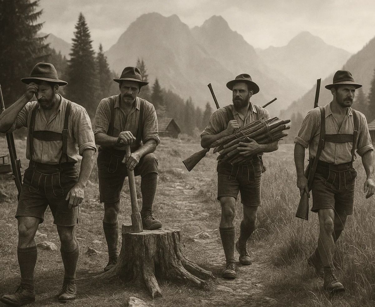 Black-and-white photo of four rugged Bavarian hunters in traditional short lederhosen, carrying rifles and firewood in the mountains