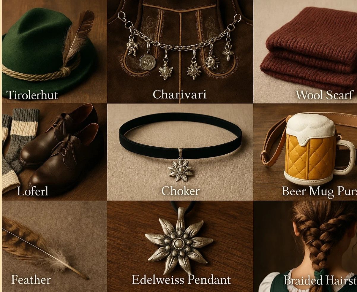 Traditional Bavarian accessories including Tyrolean hat, charivari chain, wool scarf, Loferl socks, choker, beer mug purse, feather, Edelweiss pendant, and braided hairstyle