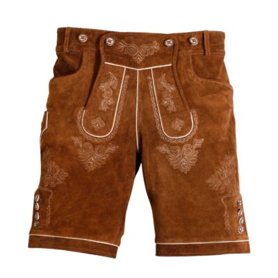 Flat-lay view of AlpenGold Classic Lederhosen in hazelnut brown suede with white embroidery and horn button details.