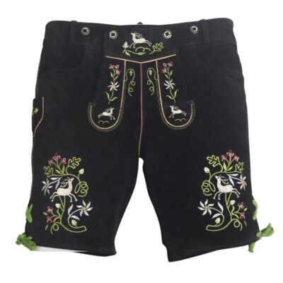 Angled front view of Hirschwald Heritage Lederhosen featuring side knife pocket and vibrant Bavarian embroidery.