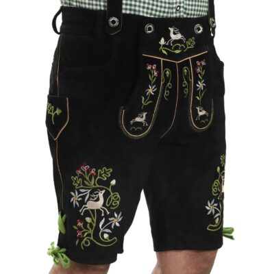 Flat-lay front view of Hirschwald Heritage Lederhosen showing detailed deer and floral embroidery with green leg ties.