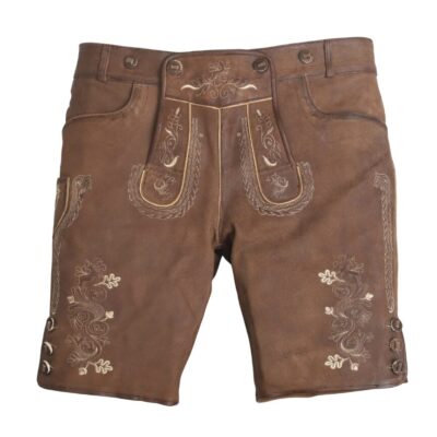 Flat-lay front view of Braunfels Heritage Lederhosen in medium brown suede with cream-colored embroidery.