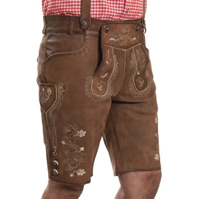 Side-angle view of Braunfels Heritage Lederhosen worn by model, showing embroidery and knife pocket.