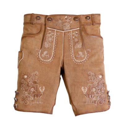 Front view of Rust Alpine Lederhosen with floral embroidery