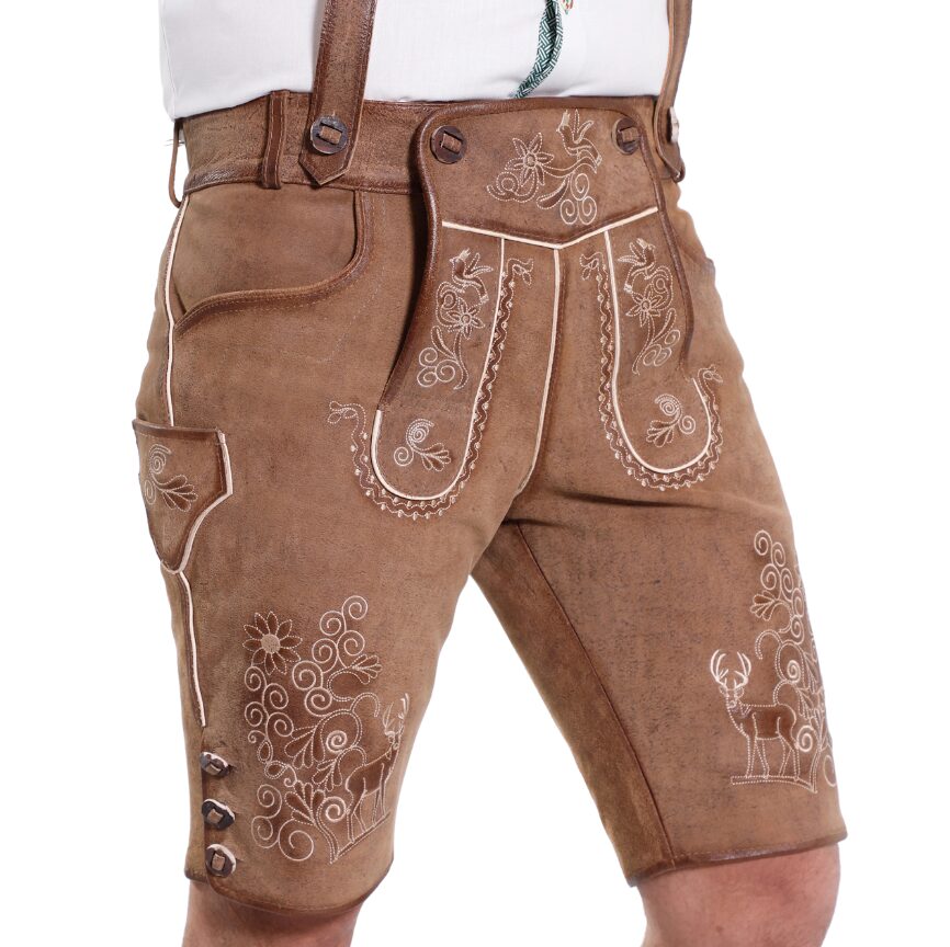 Side view of Rust Alpine Lederhosen with embroidery and knife pocket