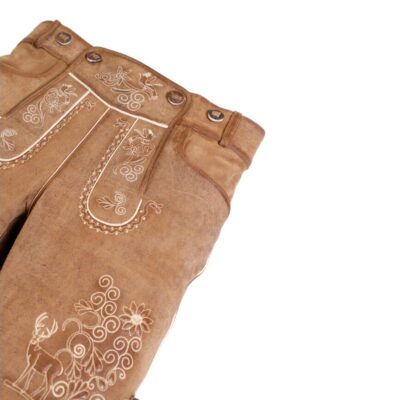 Angled flat Flat lay of Rust Alpine Lederhosen showing front embroideryof traditional camel brown lederhosen with intricate white deer embroidery