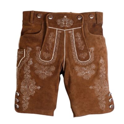 Front view of embroidered Bavarian lederhosen in medium brown suede leather
