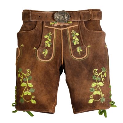 Model wearing Hop Vine Lederhosen with front green embroidery