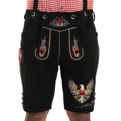 Model wearing SchwarzAdler Lederhosen showcasing the Austrian crest and traditional fit.