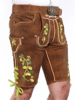 Side angle of Hop Vine Lederhosen with pocket and green design