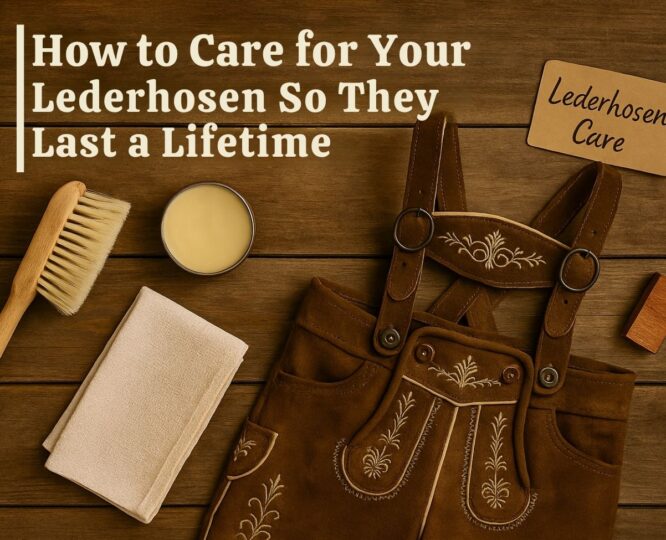 Flat lay of brown suede lederhosen with cleaning brush, leather balm, and cloth on a wooden table, with the title “How to Care for Your Lederhosen So They Last a Lifetime”