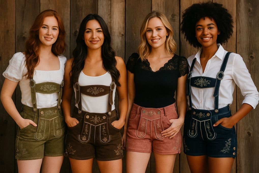Four women wearing traditional suede lederhosen in green, brown, pink, and navy blue, standing against a wooden backdrop, styled for Oktoberfest.