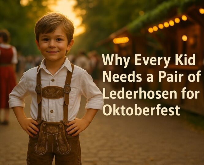 Smiling young boy wearing traditional brown leather lederhosen and white shirt at Oktoberfest, standing confidently with market stalls in the background.