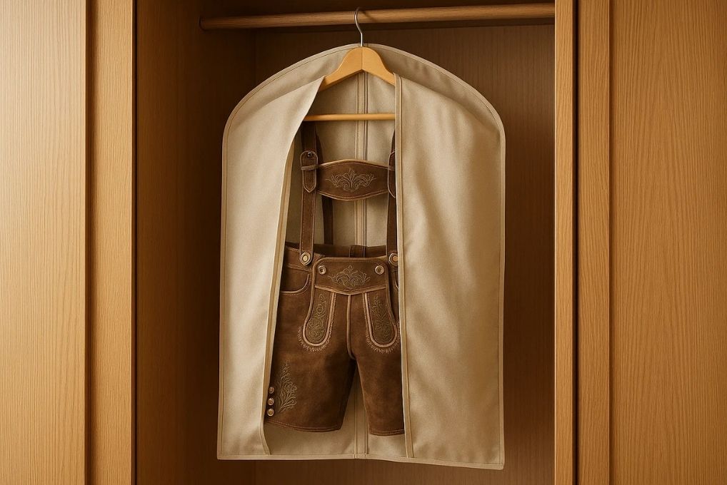 Traditional lederhosen stored in a breathable fabric garment bag hanging inside a wooden wardrobe.