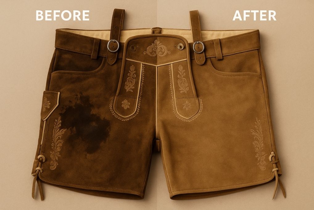Side-by-side comparison of lederhosen before and after cleaning, showing dramatic stain removal and leather restoration.