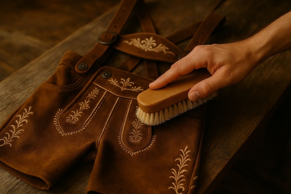 A hand using a wooden brush to gently clean traditional brown suede lederhosen with beige embroidery on a rustic wooden table.