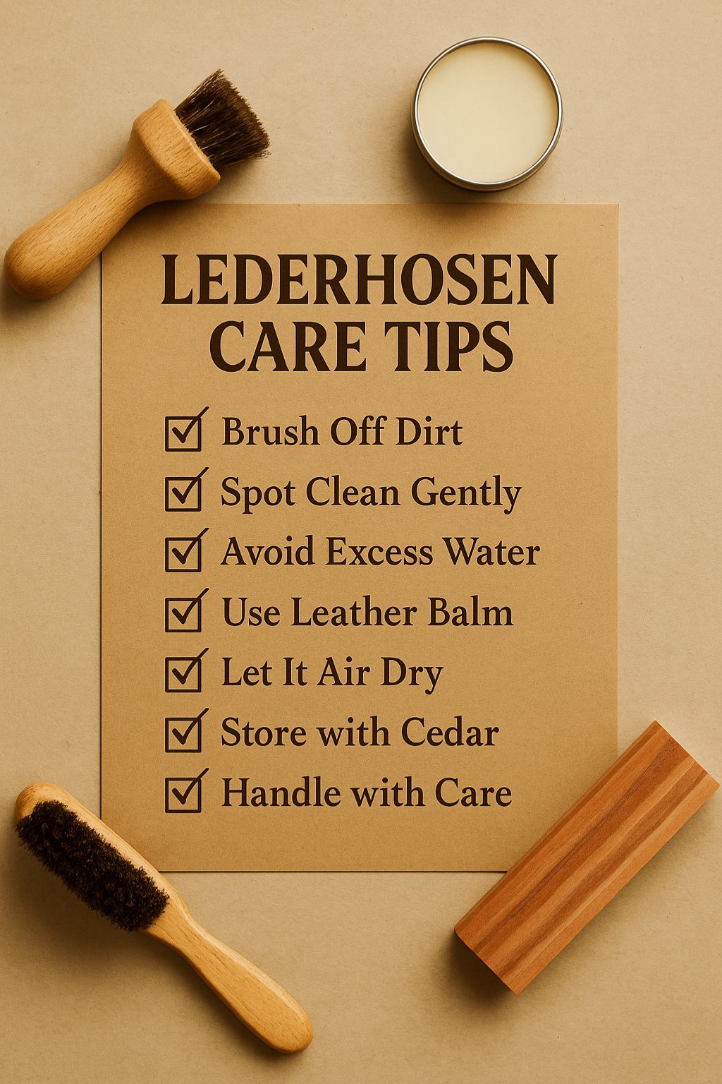 Checklist of lederhosen care tips on brown paper surrounded by brushes, leather balm, and cedar block on a neutral background.