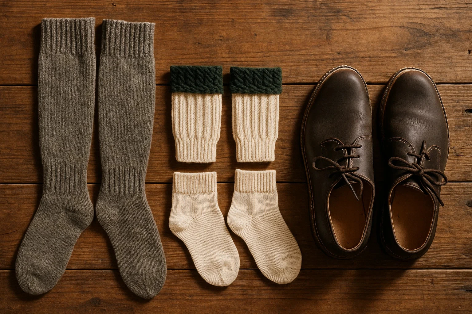 Flat lay of traditional Bavarian Haferlschuhe, grey knee-high wool socks, and cream-colored Loferl socks with green cuffs, placed on a rustic wooden background.