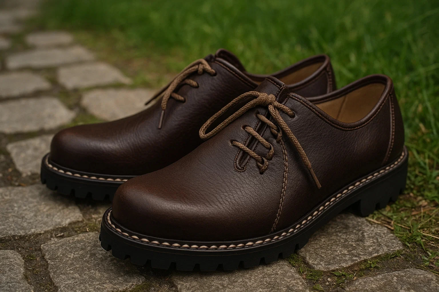 Traditional brown leather Haferlschuhe shoes with side lacing, placed on cobblestone pavement next to green grass — ideal for pairing with lederhosen.