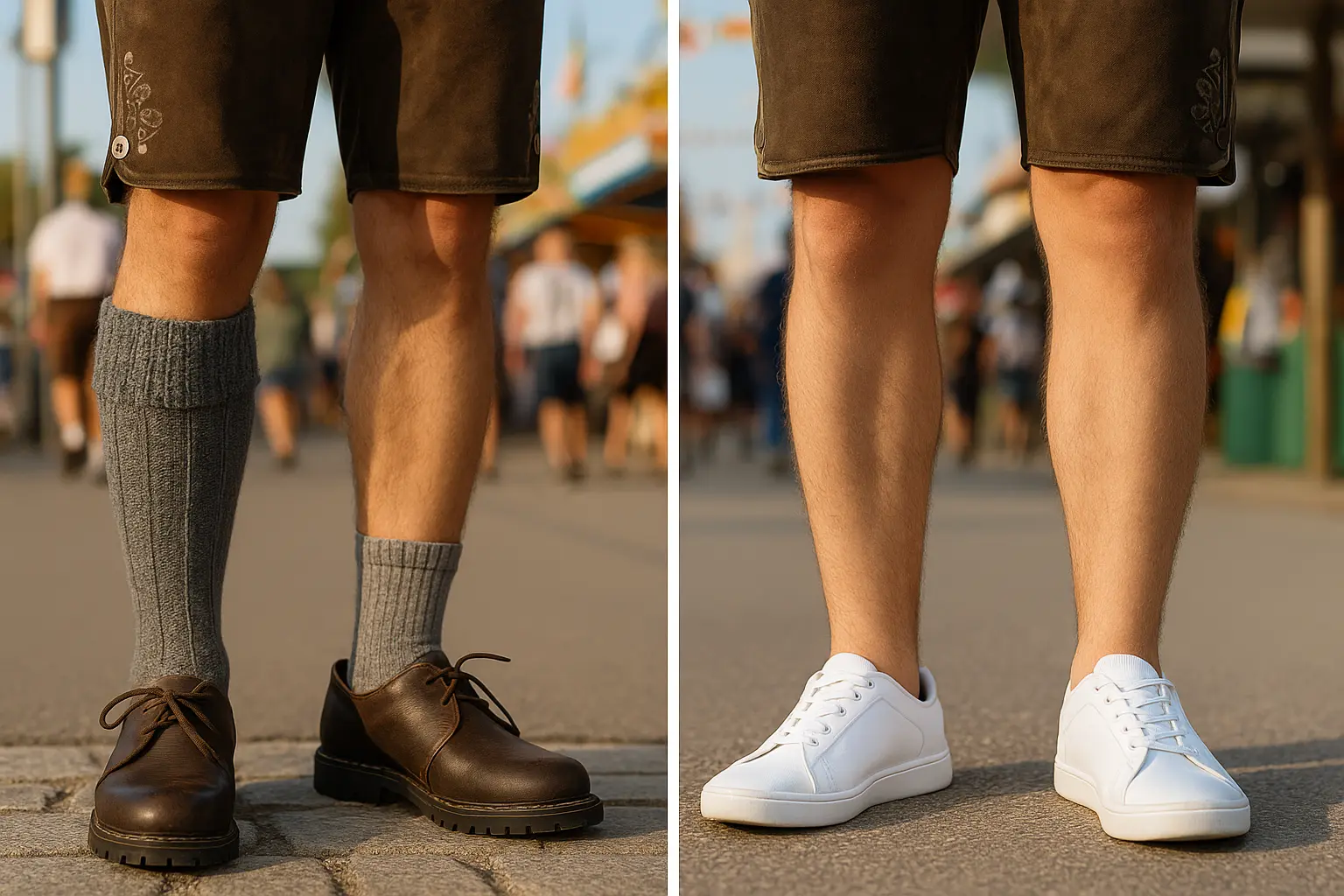 Side-by-side comparison of men in lederhosen — one with traditional Haferlschuhe and grey wool socks, the other in white sneakers, highlighting proper vs. improper Oktoberfest footwear.