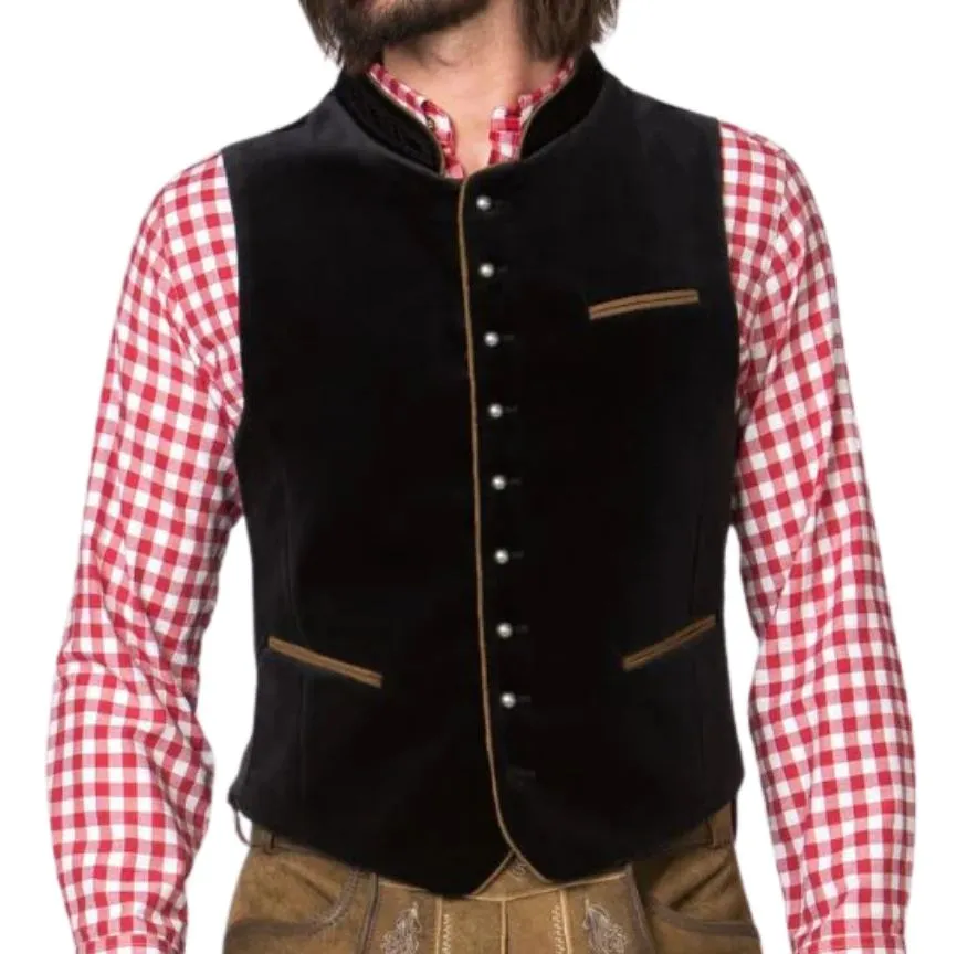 Front view of Matthias Black Oktoberfest Vest with traditional Bavarian style