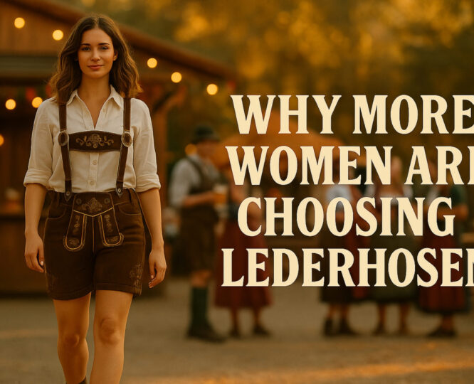 A confident young woman wearing brown embroidered lederhosen at an Oktoberfest event, Women Are Choosing Lederhosen