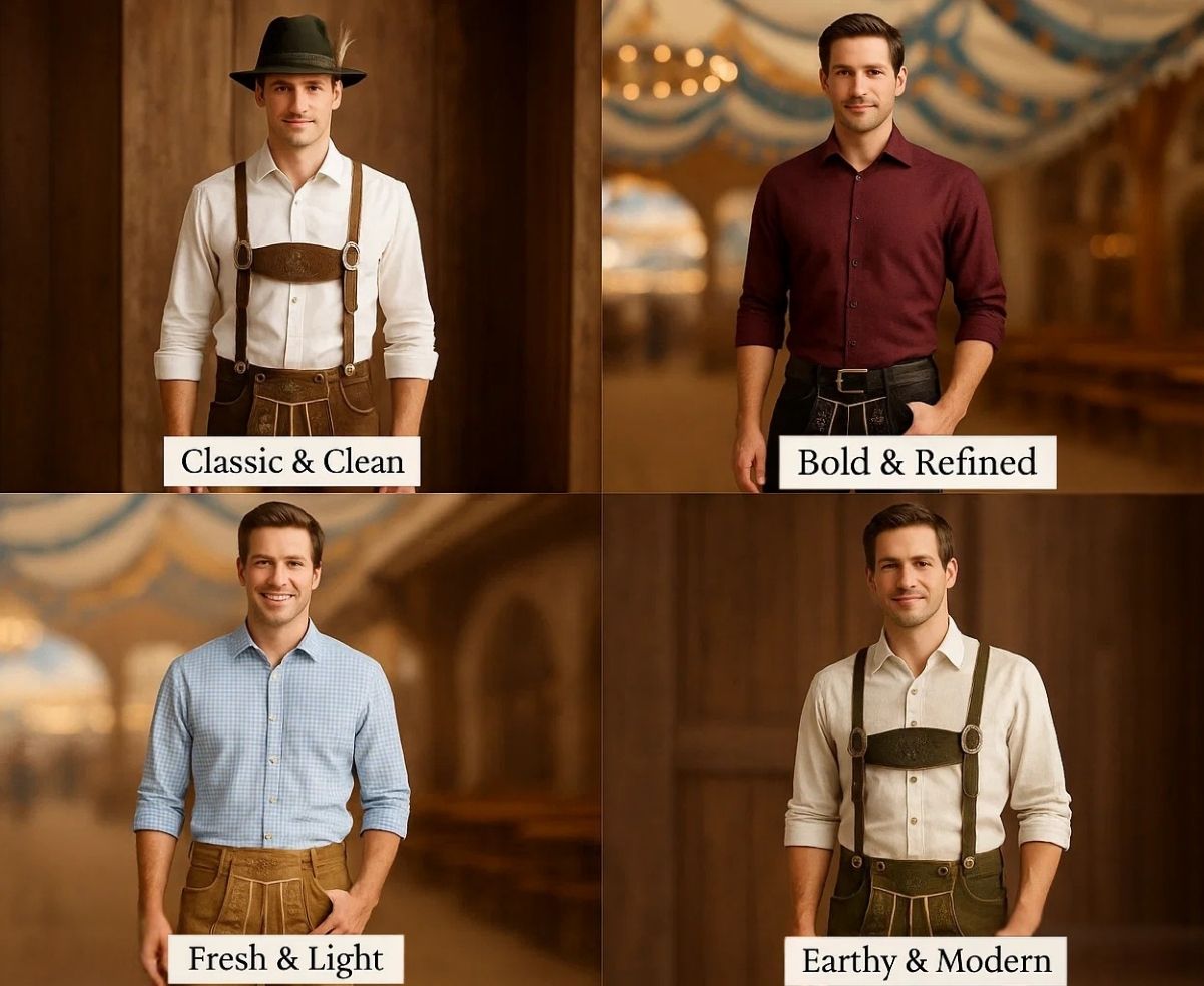 Four different men showcasing classic, bold, fresh, and modern lederhosen outfit ideas