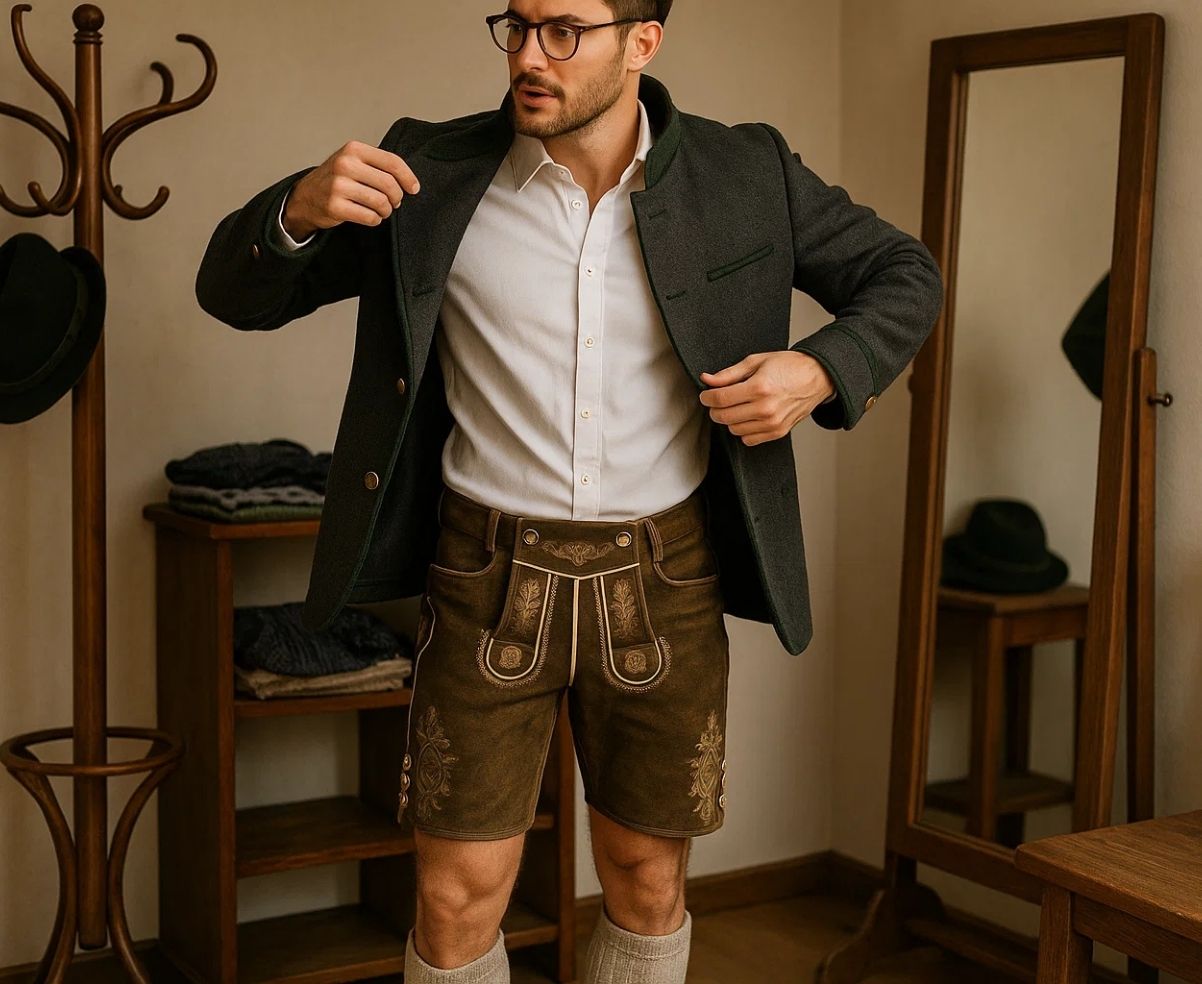 Man adjusting his jacket while wearing traditional Lederhosen for Oktoberfest