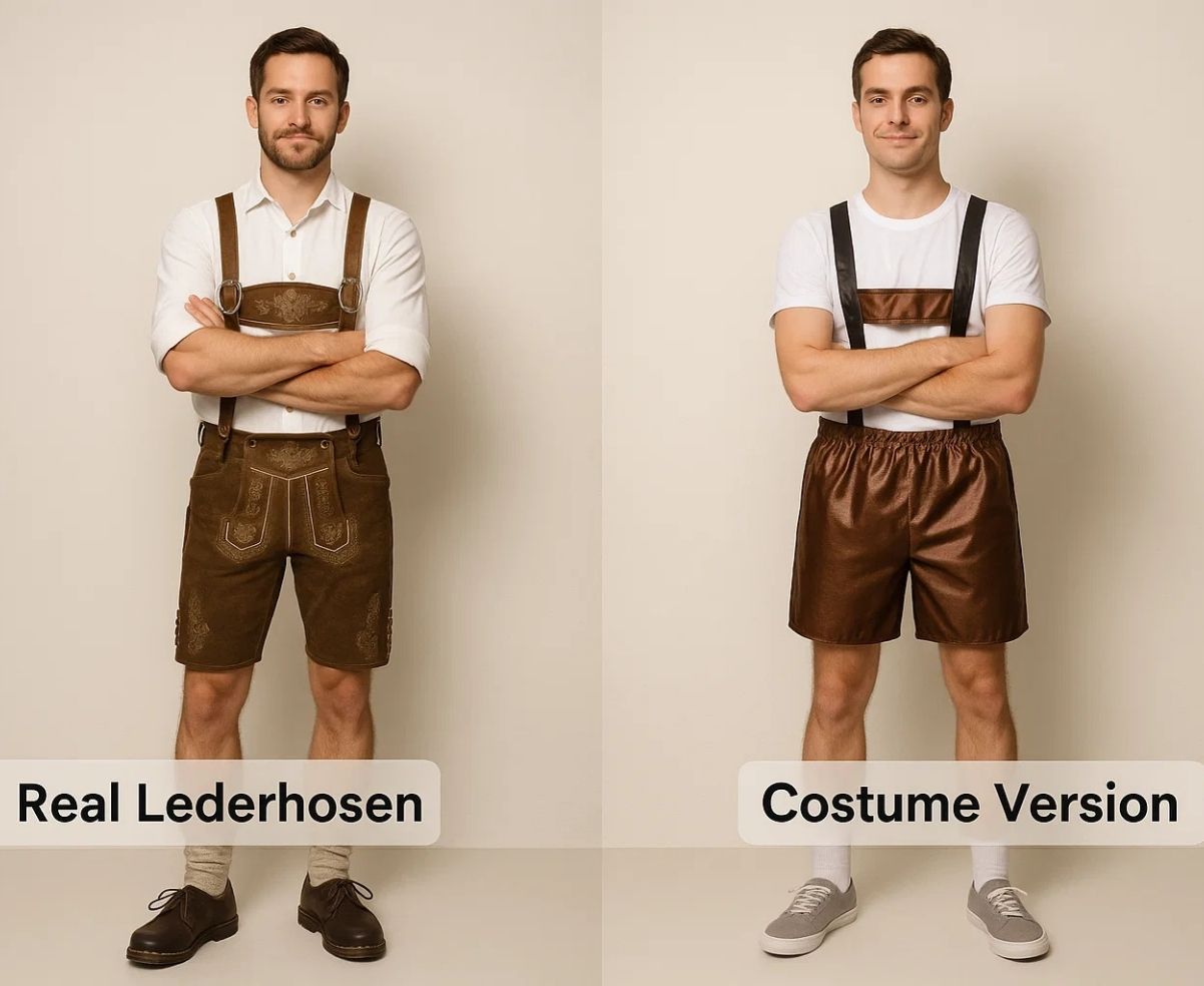 Real brown leather Lederhosen compared to a fake shiny costume version