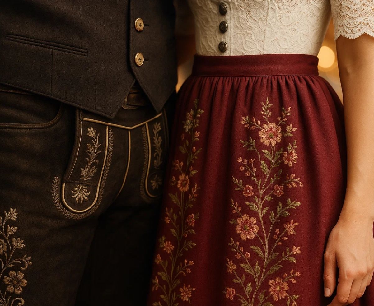 Close-up of embroidered Dirndl skirt and traditional Lederhosen showing fine details