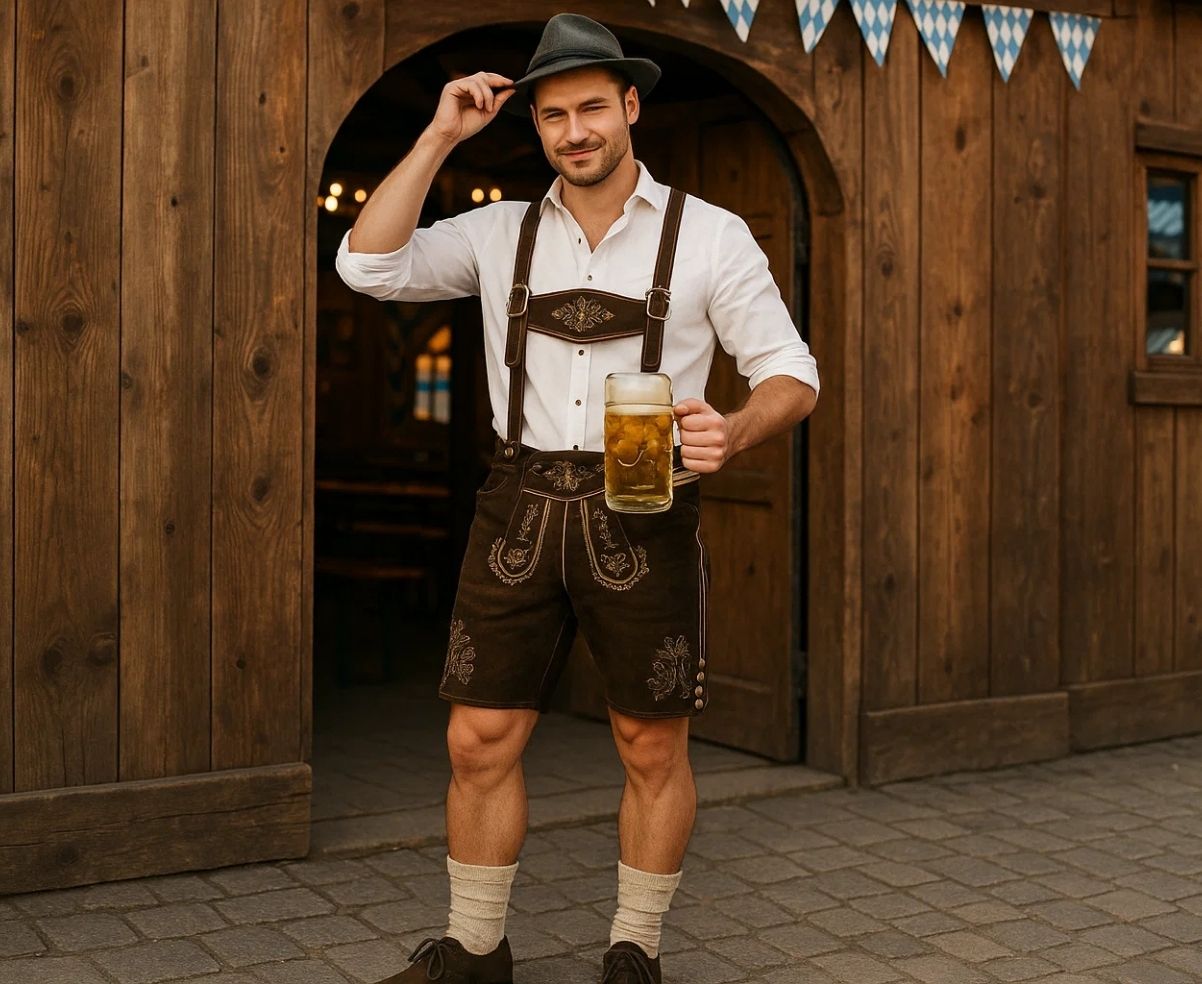Man in traditional brown lederhosen holding a beer mug at Oktoberfest