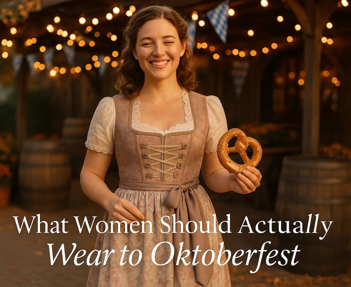 Smiling woman in traditional Bavarian dirndl holding a pretzel at Oktoberfest