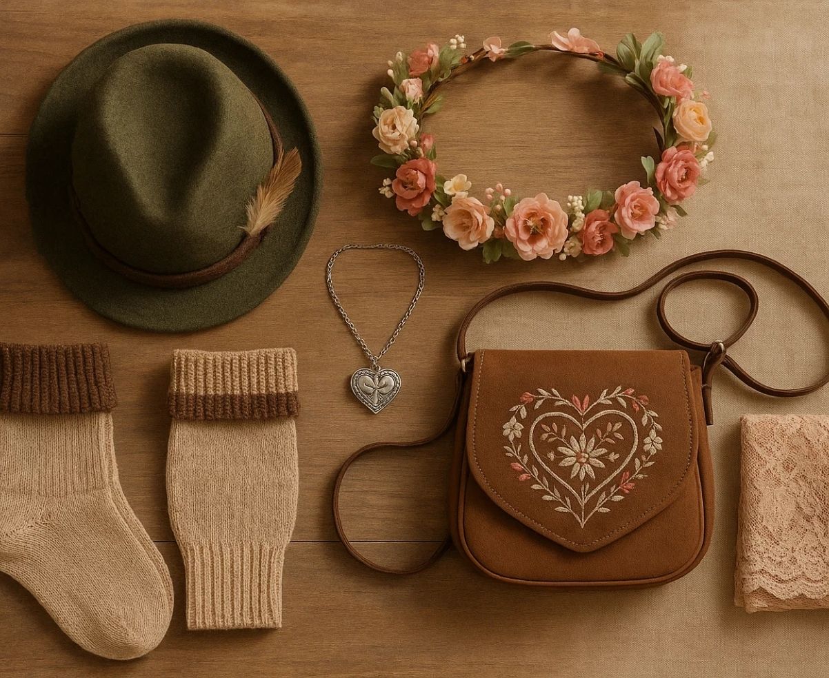 Hat, floral crown, heart necklace, and accessories for Oktoberfest