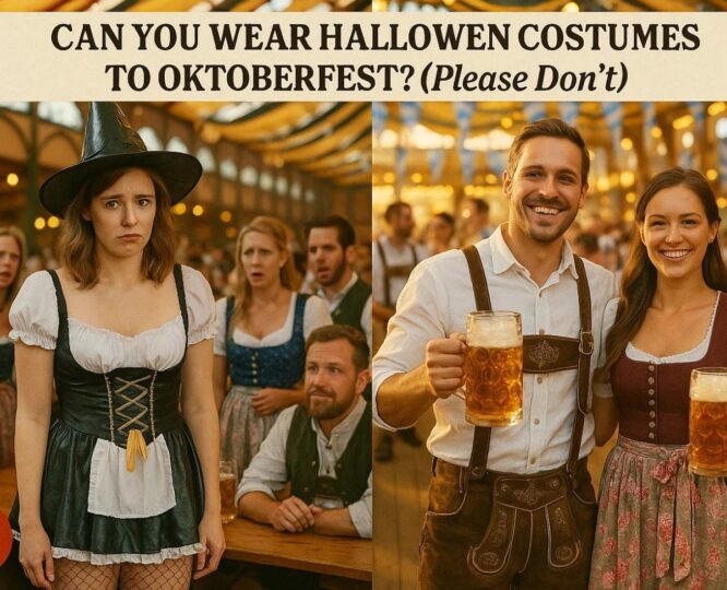Comparison of Halloween costume versus traditional Oktoberfest outfit