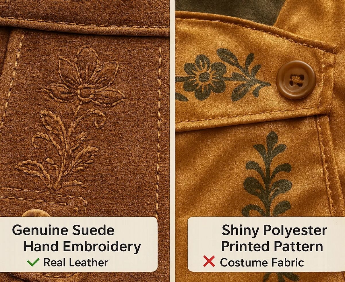 Side-by-side close-up of genuine suede lederhosen embroidery vs printed polyester costume