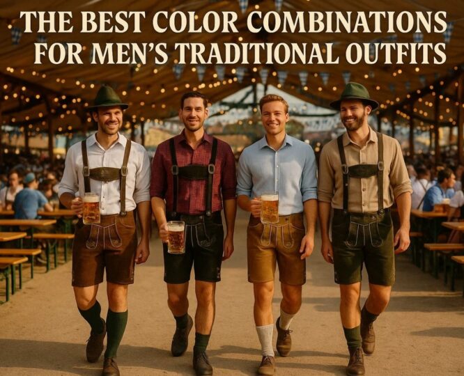 Four men wearing different color lederhosen at Oktoberfest in a beer tent