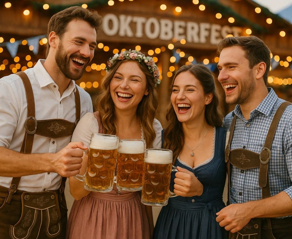 Group of men and women in traditional Bavarian outfits enjoying Oktoberfest