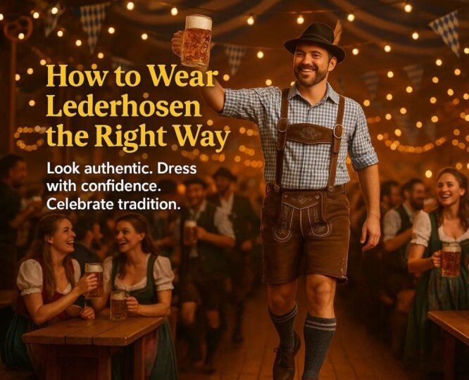 Man confidently wearing lederhosen at Oktoberfest beer tent with people in background