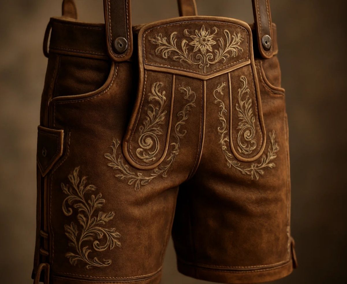 Close-up view of embroidered brown leather lederhosen