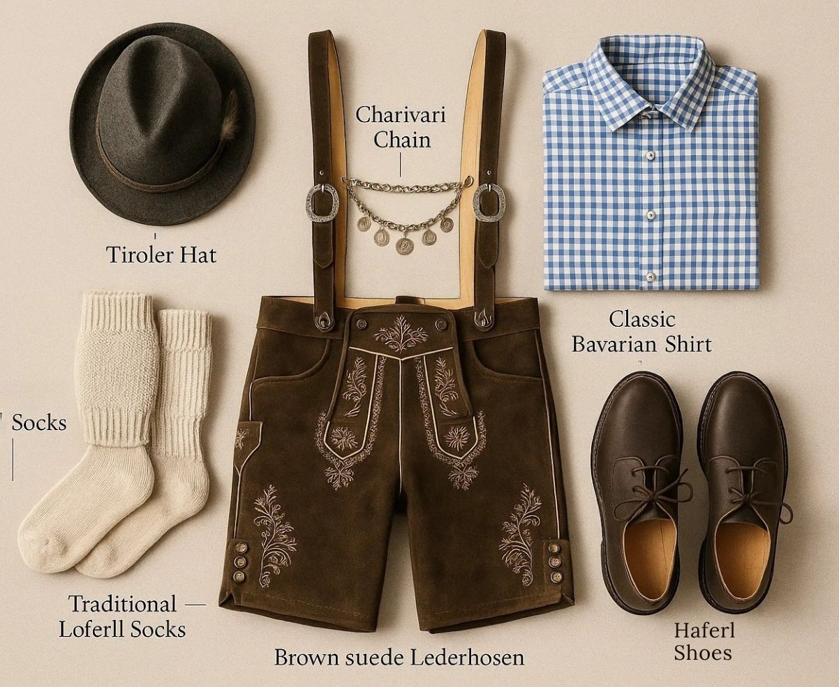 Flat lay of authentic lederhosen outfit with shirt, shoes, socks, and accessories