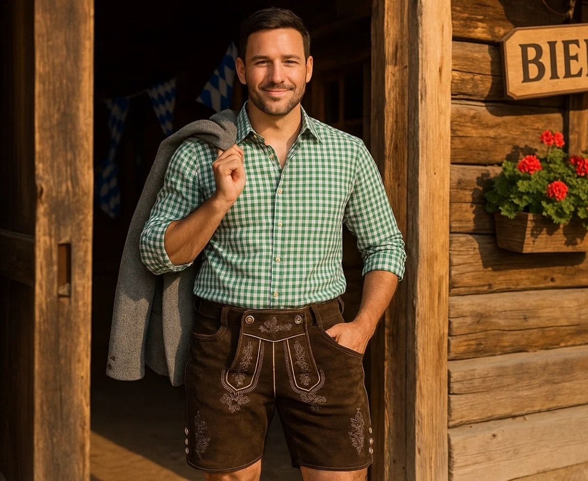 Man wearing green checkered shirt with traditional brown lederhosen for Oktoberfest