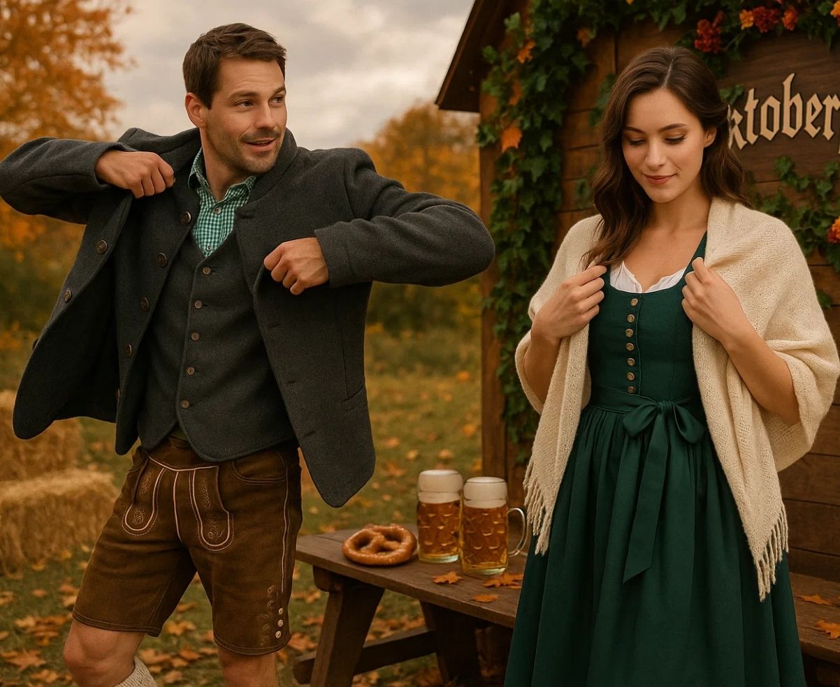 Couple wearing authentic Bavarian attire for Oktoberfest celebration outdoors
