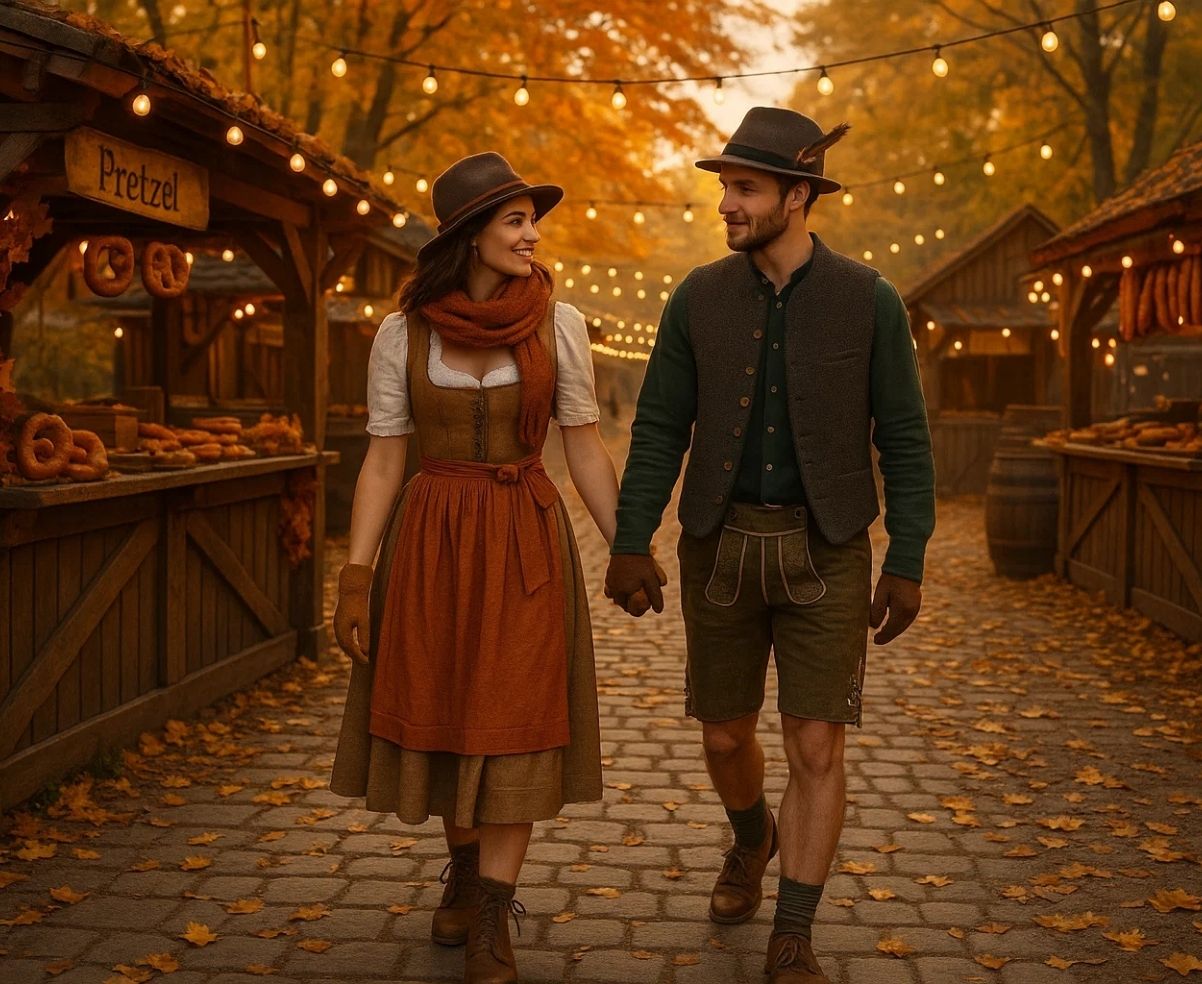 Couple in traditional Bavarian outfits walking through autumn Oktoberfest market
