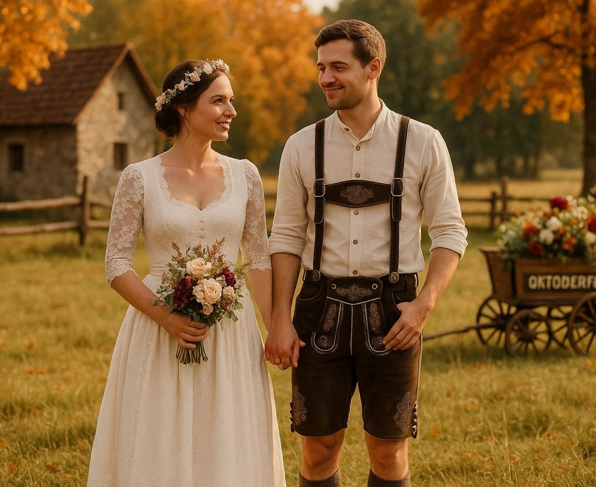 Bride in white Dirndl and groom in Lederhosen posing after Oktoberfest-style wedding