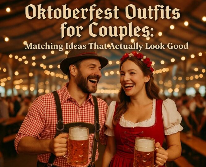 Happy couple in red matching Bavarian outfits enjoying beer at Oktoberfest
