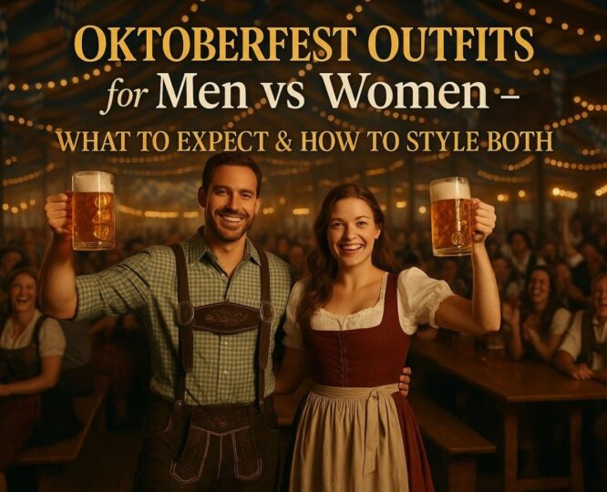 Man and woman in traditional Oktoberfest clothing celebrating with beers at festival tent