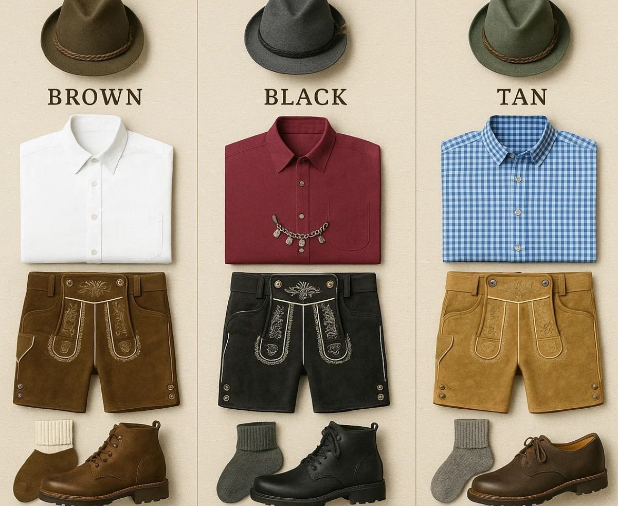 Brown, black, and tan lederhosen outfit sets for men’s traditional Oktoberfest style