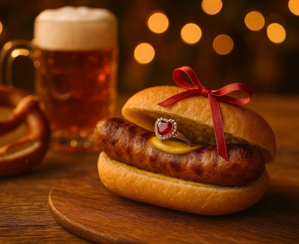Creative proposal with engagement ring inside bratwurst bun at Oktoberfest
